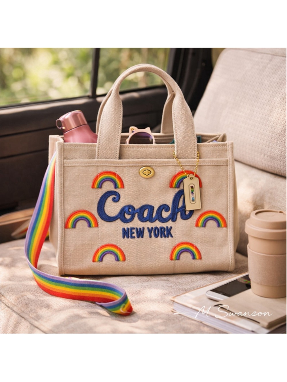 New Coach Rainbow Embroidered Canvas Cargo Tote 26 Cbf52 Brass Dark Natural Nwt